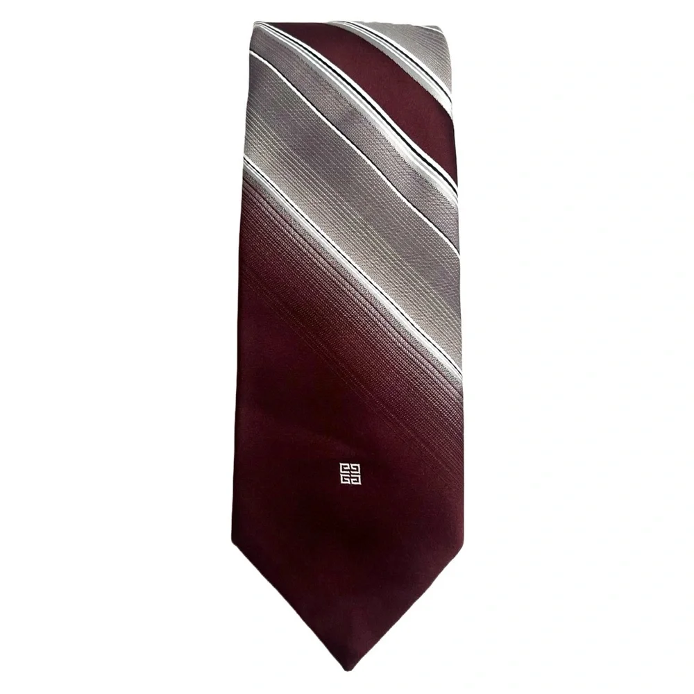 Givenchy Poly-Silk Designer Tie Burgundy Striped‎ Vintage Luxury Retro Necktie